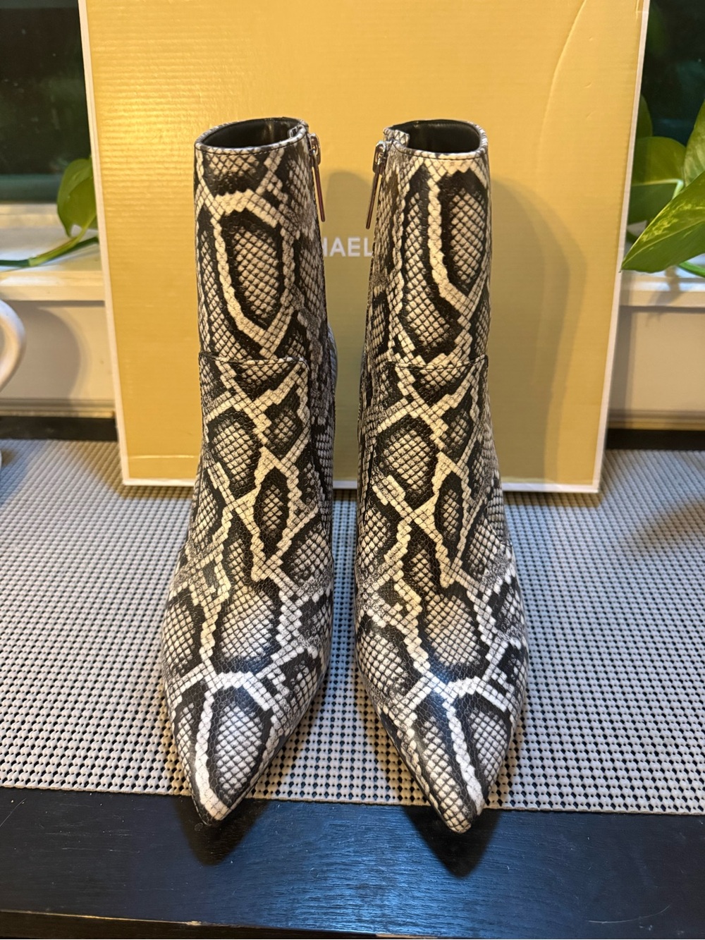 Michael Kors Black & White Snake-Print Pointed Ankle Boots